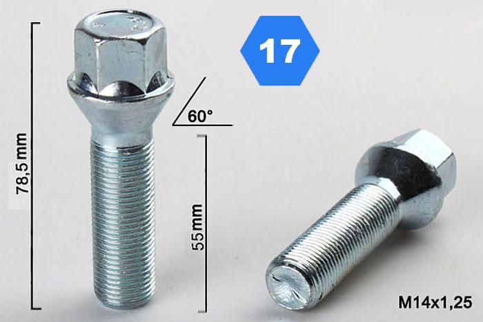 M14x1,25, Verlengde wielbout conisch, Draadlengte 55mm, SW 17